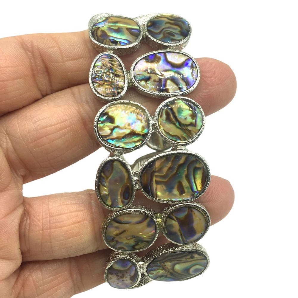 Beautiful Cuff Stretch Iridescent Shell Silver St… - image 5